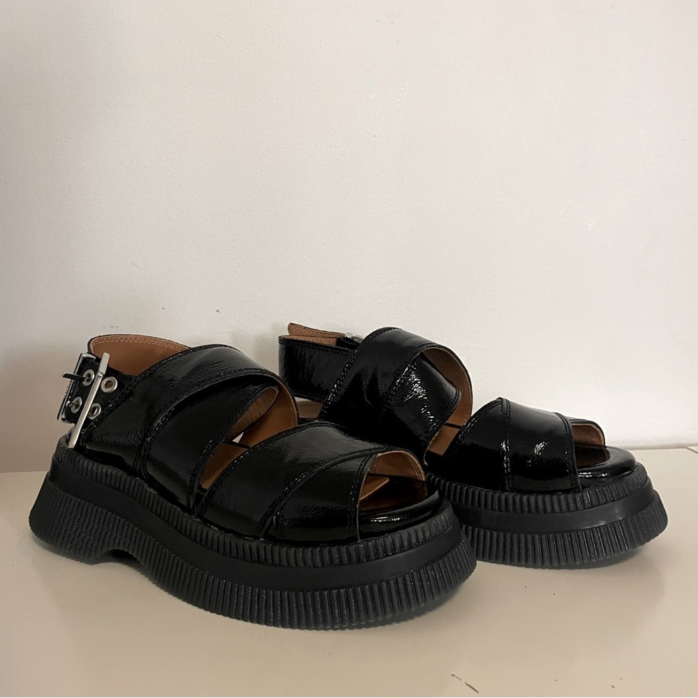 Ganni Black Patent Platform Sandals with Buckle
